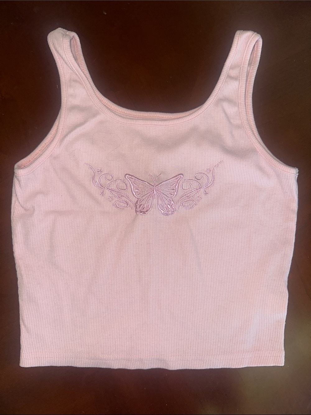 Women’s Pink Ribbed Tank Top with Butterfly Embroidery